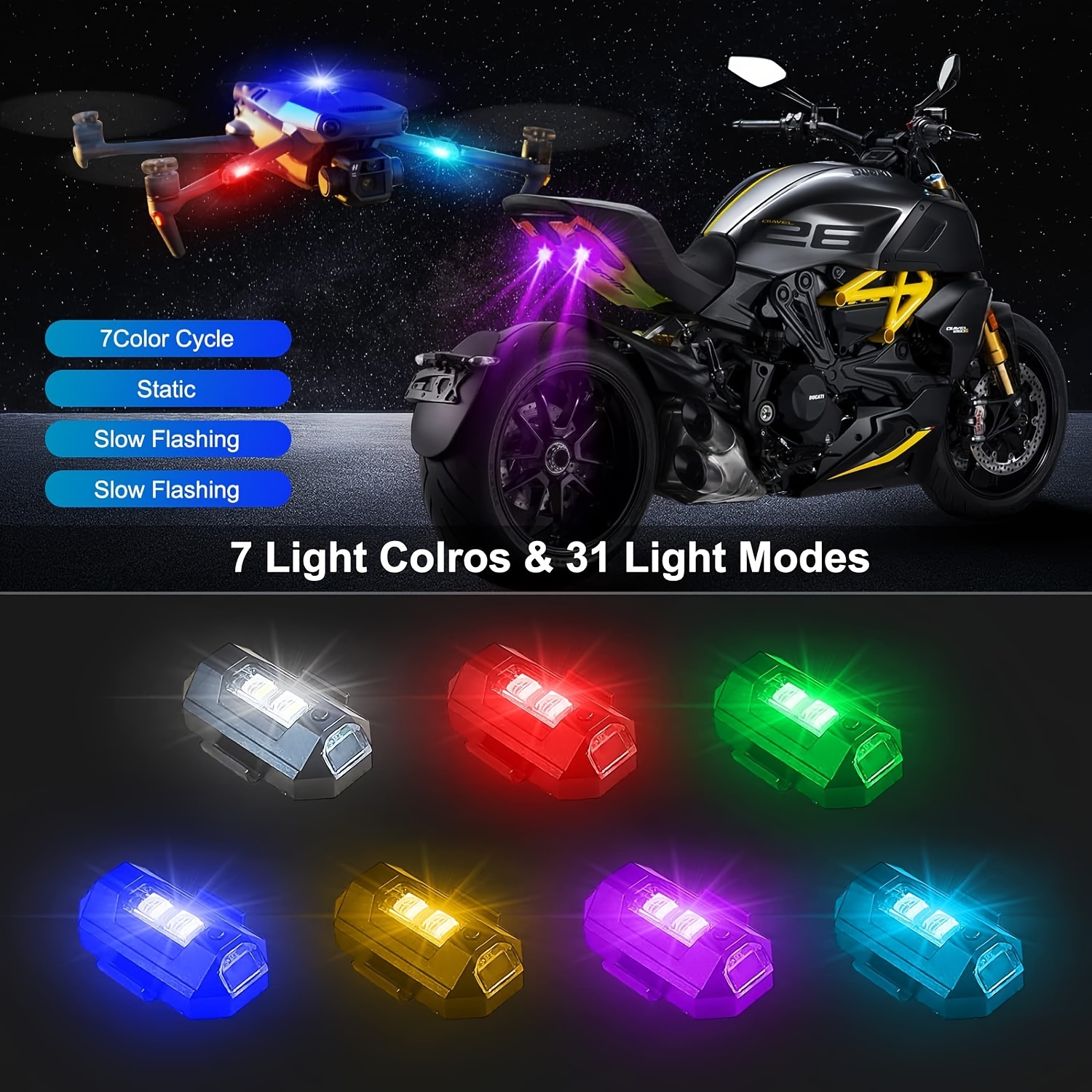 Lumières stroboscopiques à LED 7 couleurs pour avion - Chargement USB -  Vibration - Lumières LED d'avertissement de nuit pour motos, drones  (adsorption magnétique) : : Auto