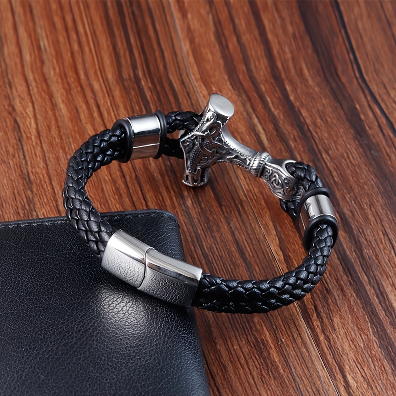 Thor's Hammer Leather Bracelet - Norse Viking Bracelet