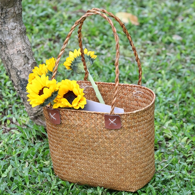 1pc Countryside Style Picnic Basket, Autumn Outing Photo Props, Flower  Basket, Rattan Woven Pet Tote Bag, Companion Gift, Shopping Basket,