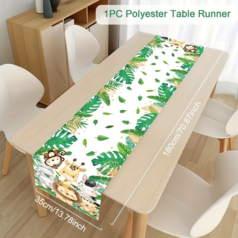 1pc Birthday Table Runner - Disposable Polyester With Cartoon Elephant And Tropical Leaf Design, Perfect For Shower And Wild 1 Party Decorations, Birthday Decorations