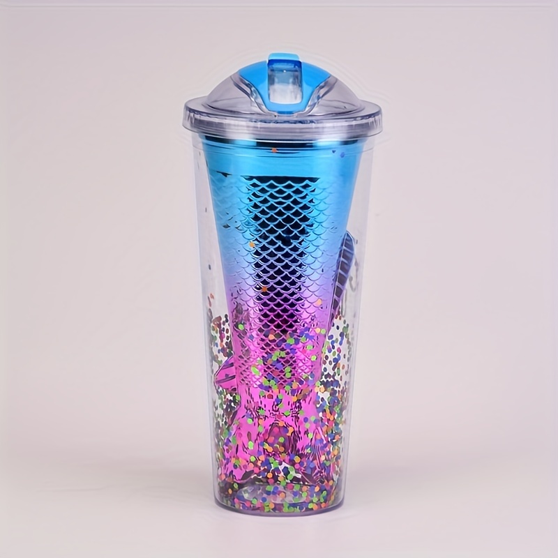 Gradient Color Mermaid Straw Cup Double layer Plastic Water - Temu