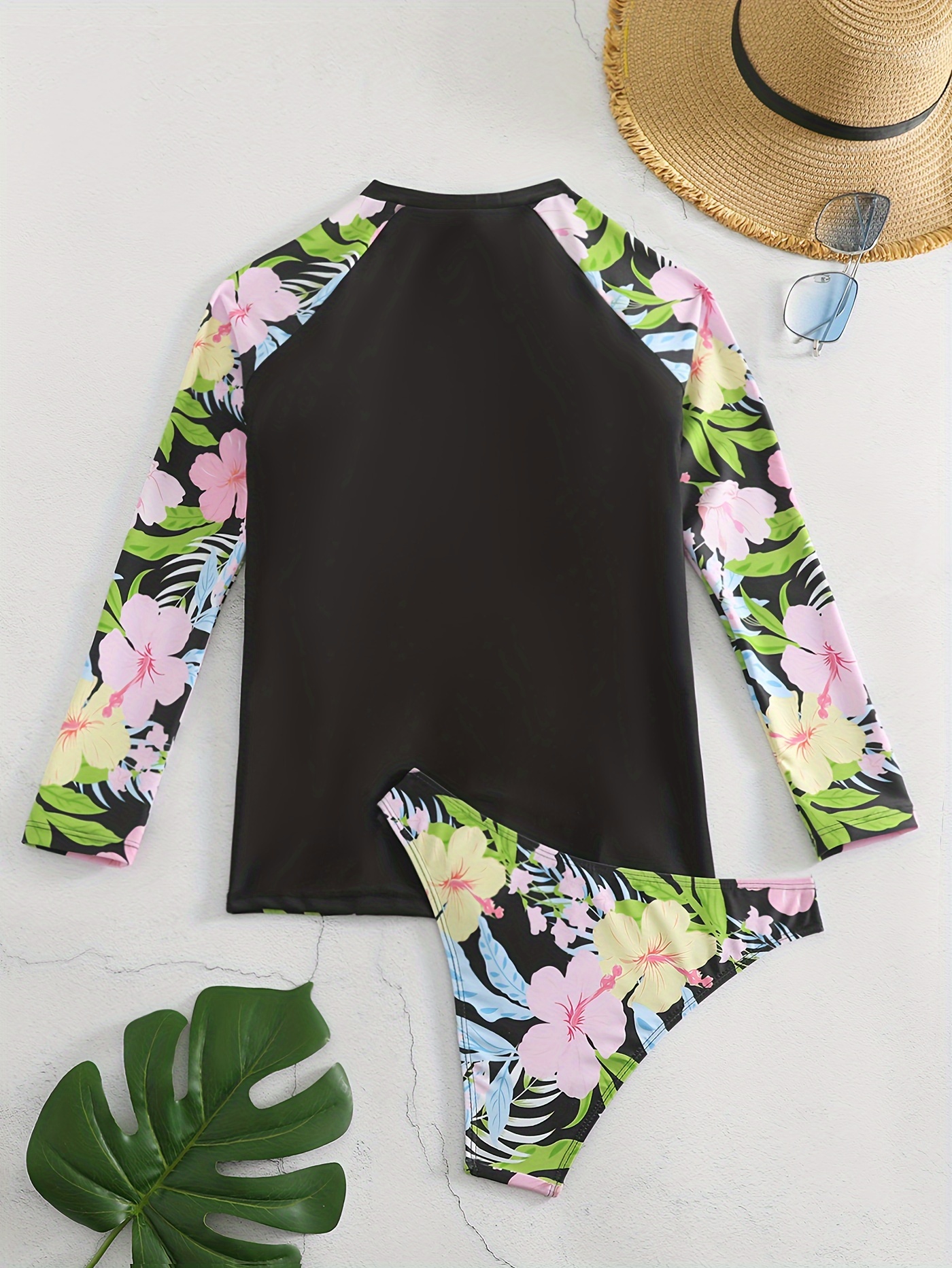 Floral Print Zipper Stretchy Competitive Two piece Swimsuit Long Sleeve Crew Neck Sun Protective Water Sports Surfing Rush Guard Women s Swimwear