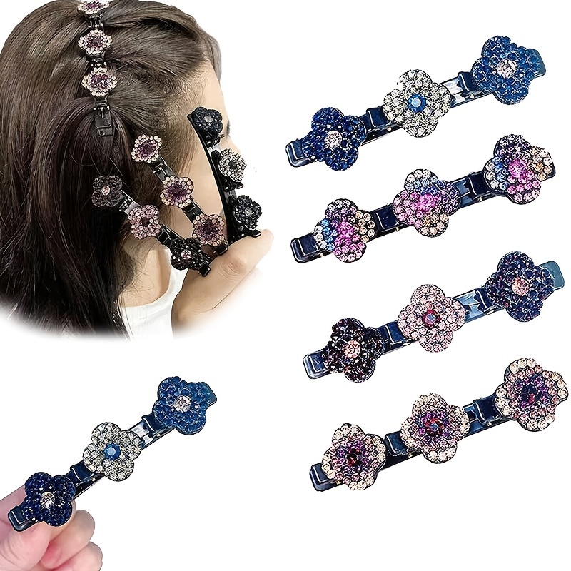 Braided Hair Clip with 3 Small Clips, Sparkling Crystal Stone Braided Hair  Clips for Women or Girl,Multi Clip Hair Barrette, Triple Hair Clips with  Rhinestones for Sectioning (Double Flower-4 PCS) 