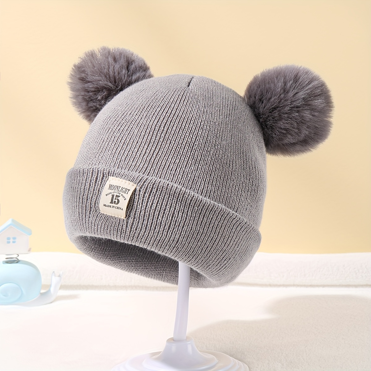 Double Ball Knitted Hat Kids Thick Solid Color Design Baby - Temu