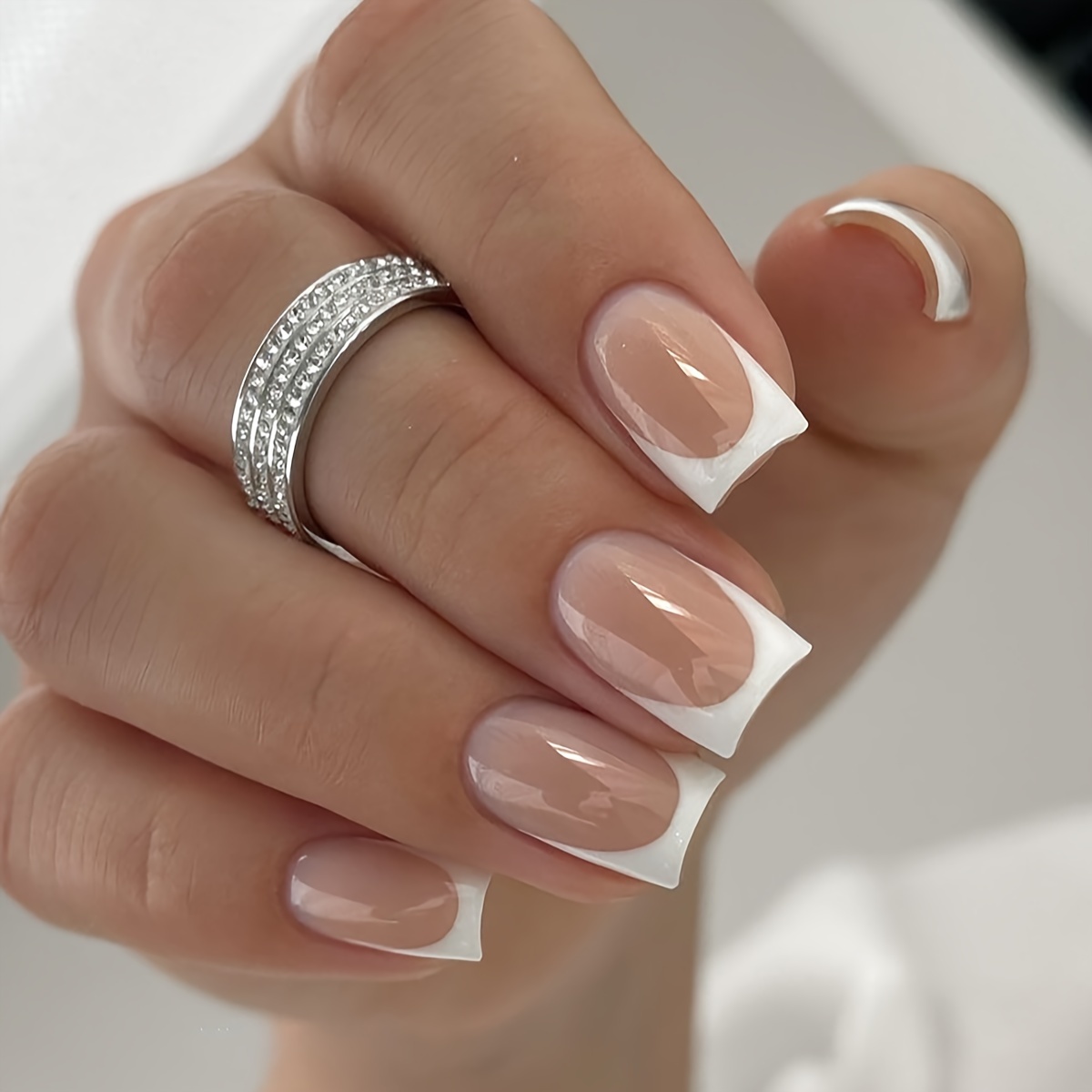 Glossy Long Square Fake Nails Nude Press On Nails With - Temu