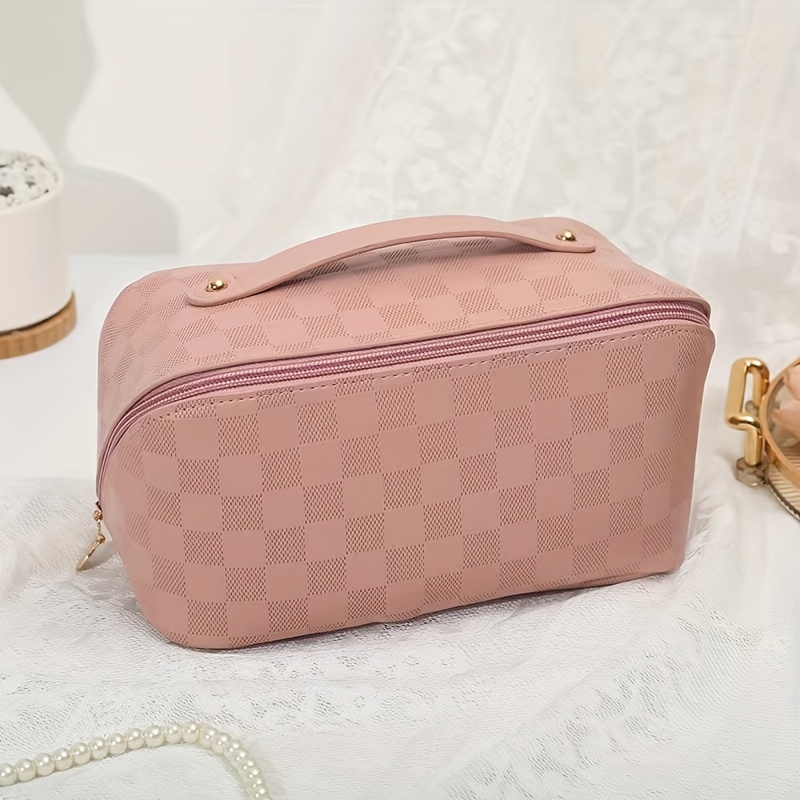 Women Cosmetic Bag Plaid Toiletries Travel Storage Bag PU Leather