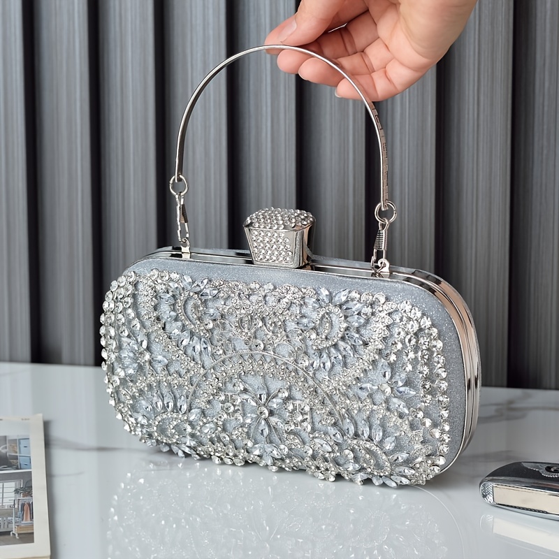 Rhinestone Decor Box Bag Small Top Handle Glamorous, Perfect Bride Purse  For Wedding, Prom & Party Events