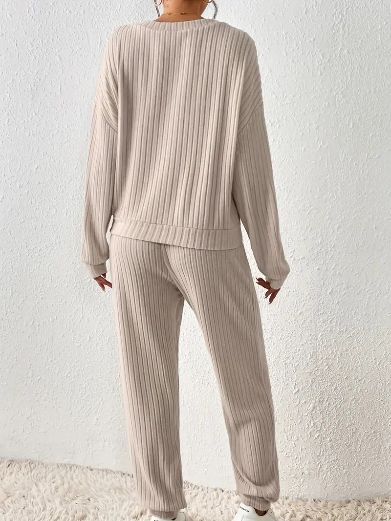 Solid Ribbed Lounge Set Casual Long Sleeve V Neck Top Pants - Temu