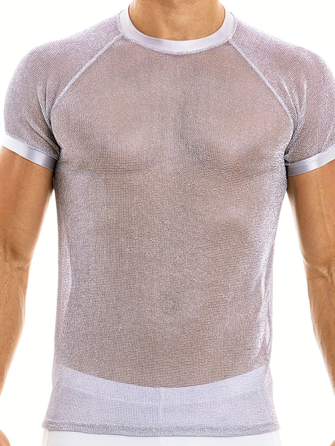  Camiseta sexy de malla para hombre, de verano, cuello