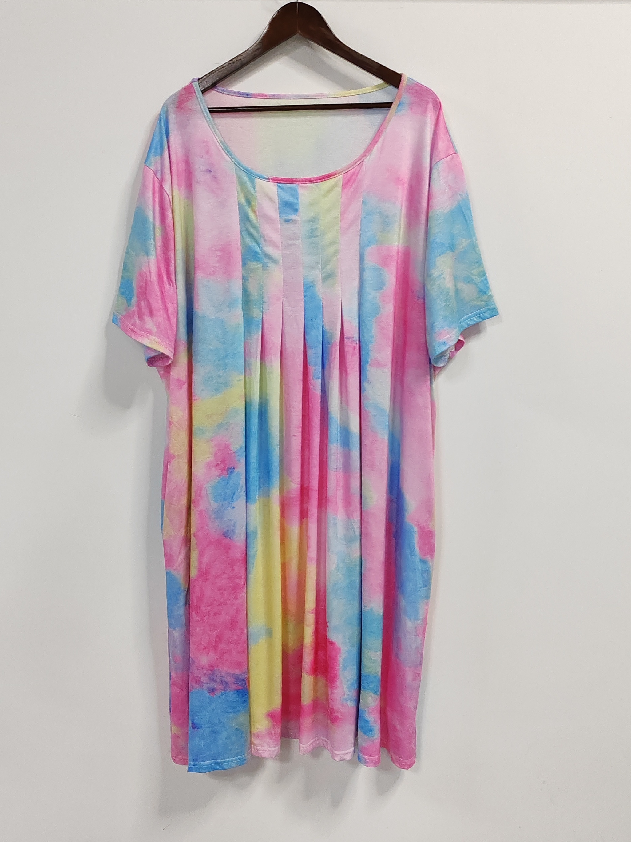 plus size elegant dress womens plus tie dye boat neck short sleeve pleated midi dress with pockets