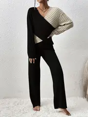 Ribbed Casual Two-piece Set, Color Block Long Sleeve Top & Pants Outfits, Women s Clothing details 5