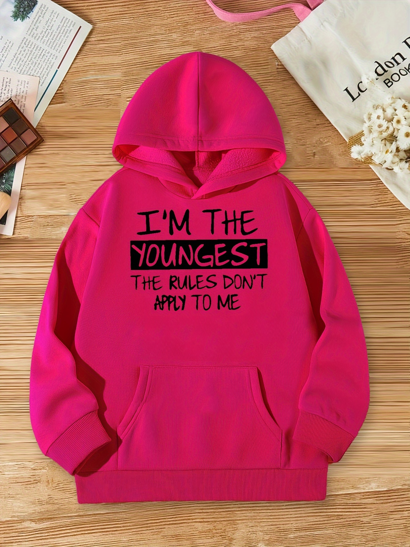 Funny 'rules Apply Youngest' Print Girls Hoodie Casual - Temu