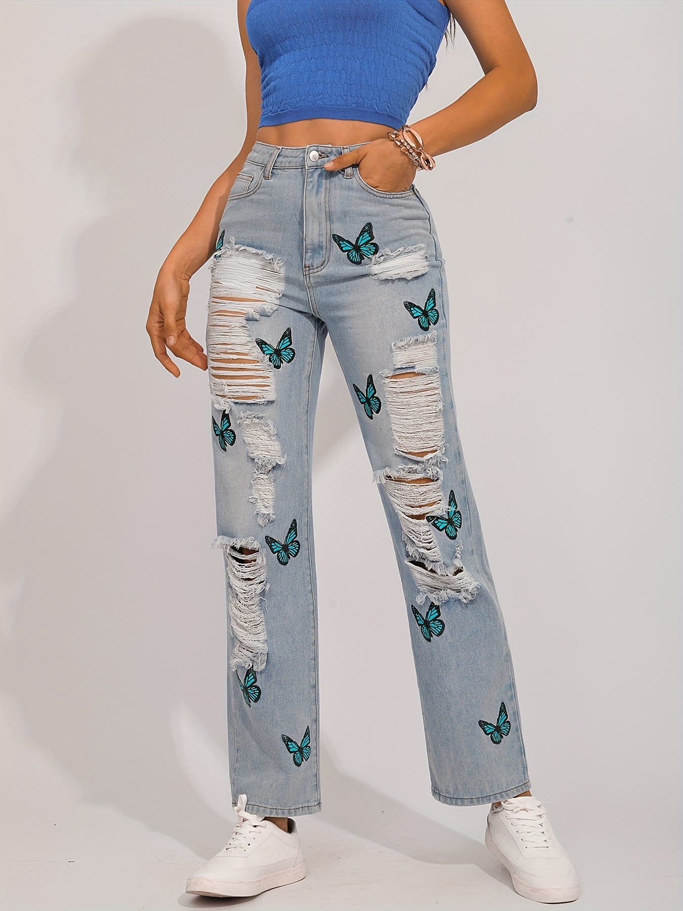 Butterfly Print Ripped Blue Straight Jeans Slash Pockets - Temu Israel