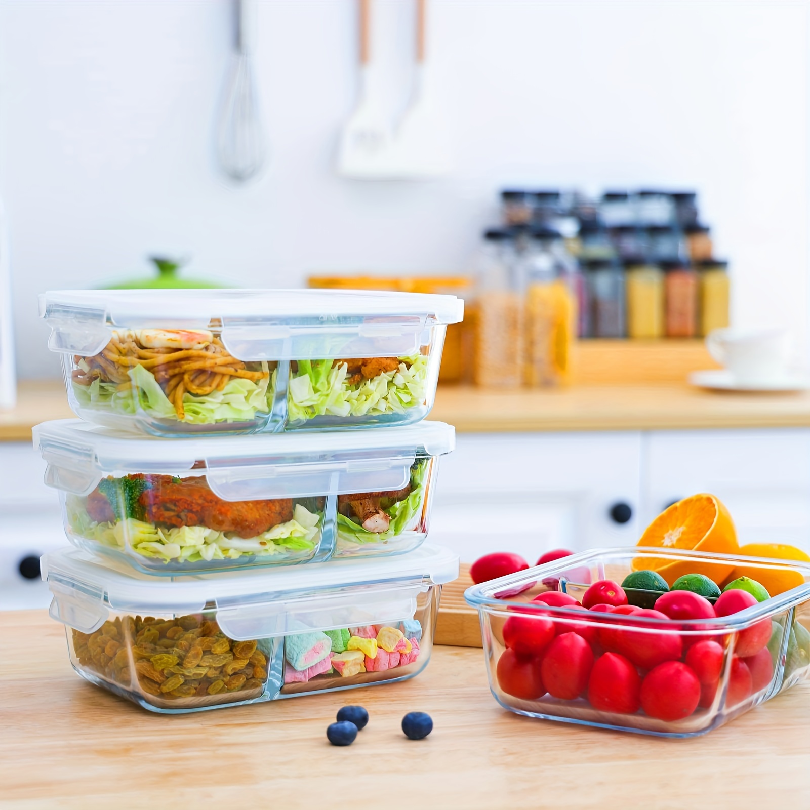Glass Meal Prep Containers 2 Compartments with Locking Lids Glass
