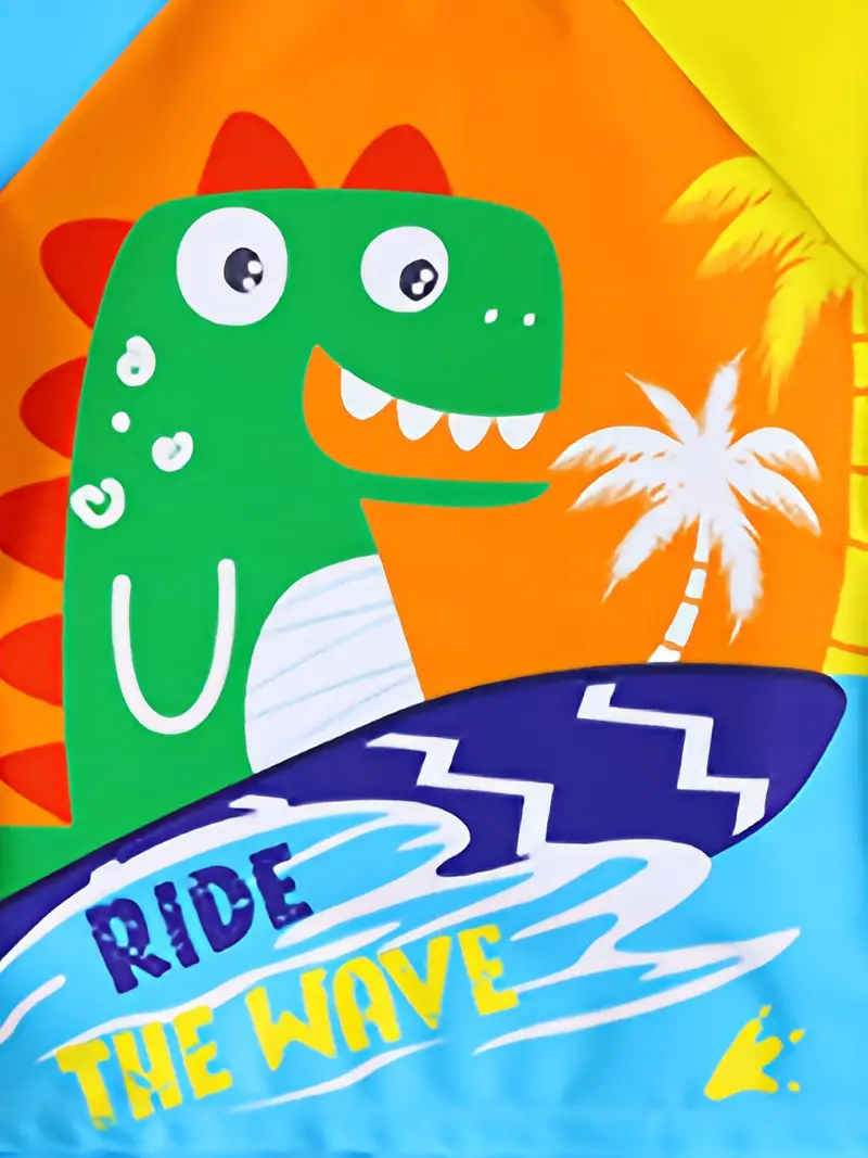 boys cartoon dinosaur ride the wave color block swimming suit swimming trunks tops cap casual kids clothes details 4
