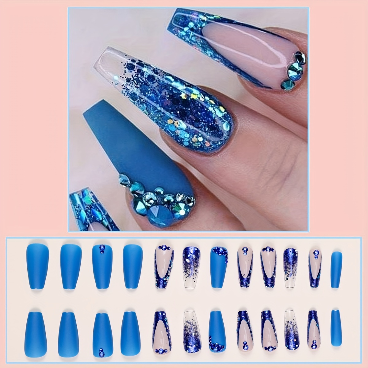 Dark Blue Gradient Fake Nails Shiny Sequin Press On Nails - Temu