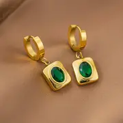 2ps golden stainless steel emerald zircon flat chain, 2ps golden stainless steel emerald zircon flat chain faux diamond necklace and earrings fashion trend design versatile retro decoration for men and women details 3