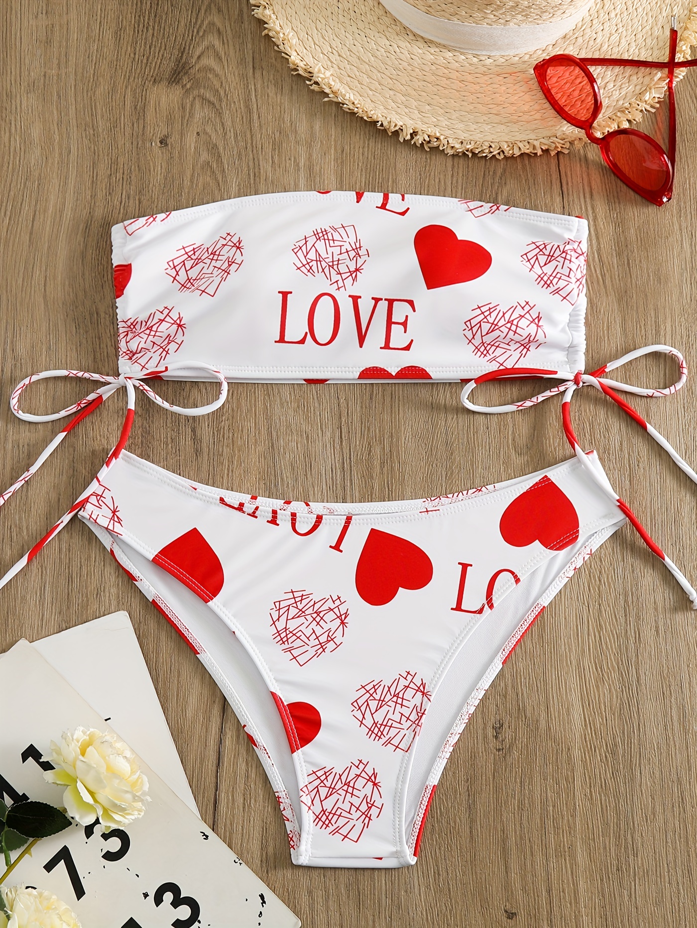 Bikini Bandeau Brazilian Tulle Briefs Cherry Heart Print