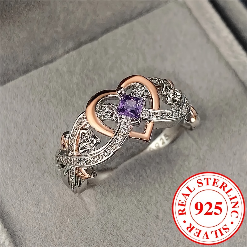 925 Sterling Silver Infinity Heart Ring with Purple Zirconia