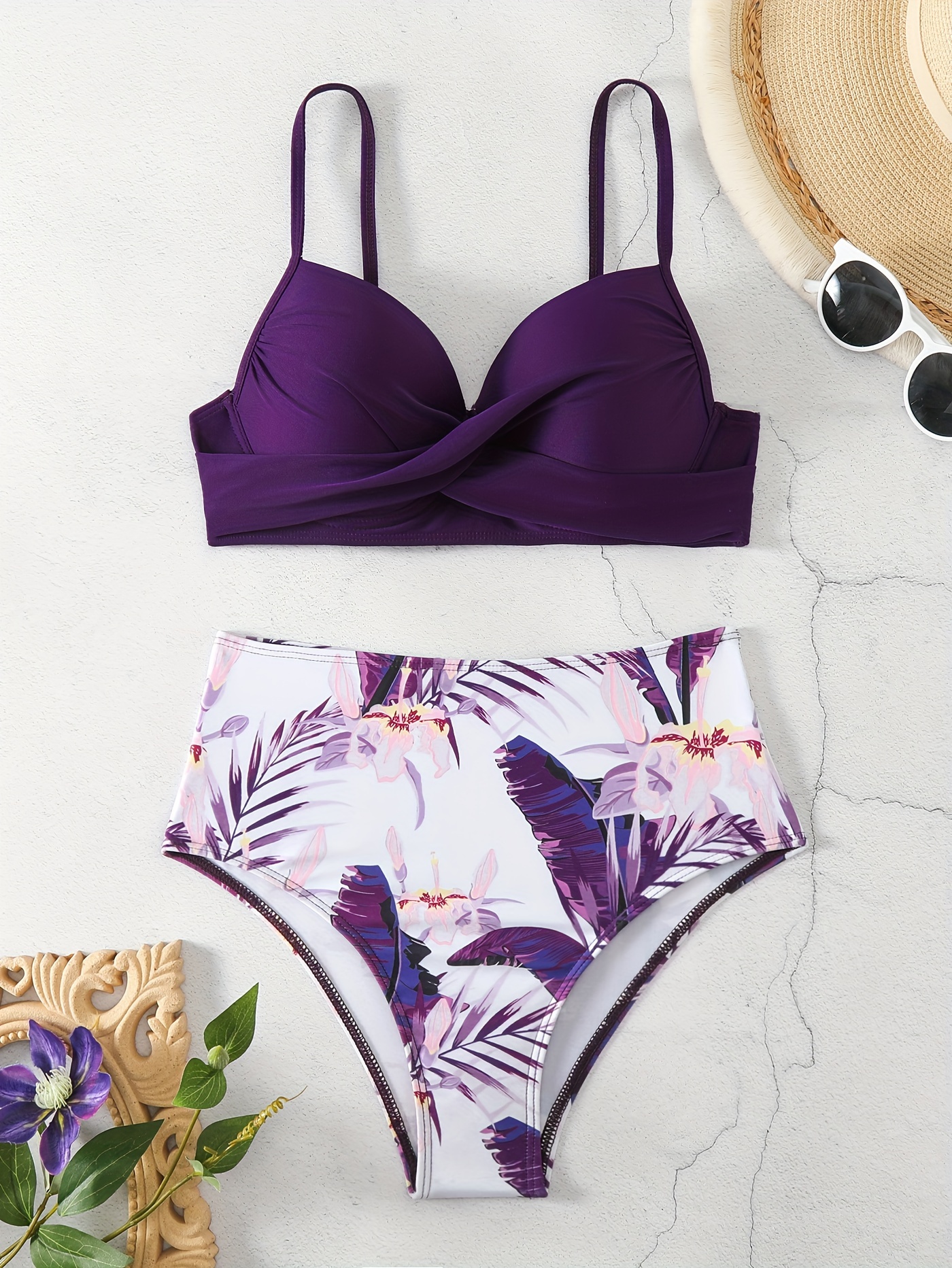 Purple Tie Shoulder Printed Bikini High Waist Stretchy Push - Temu