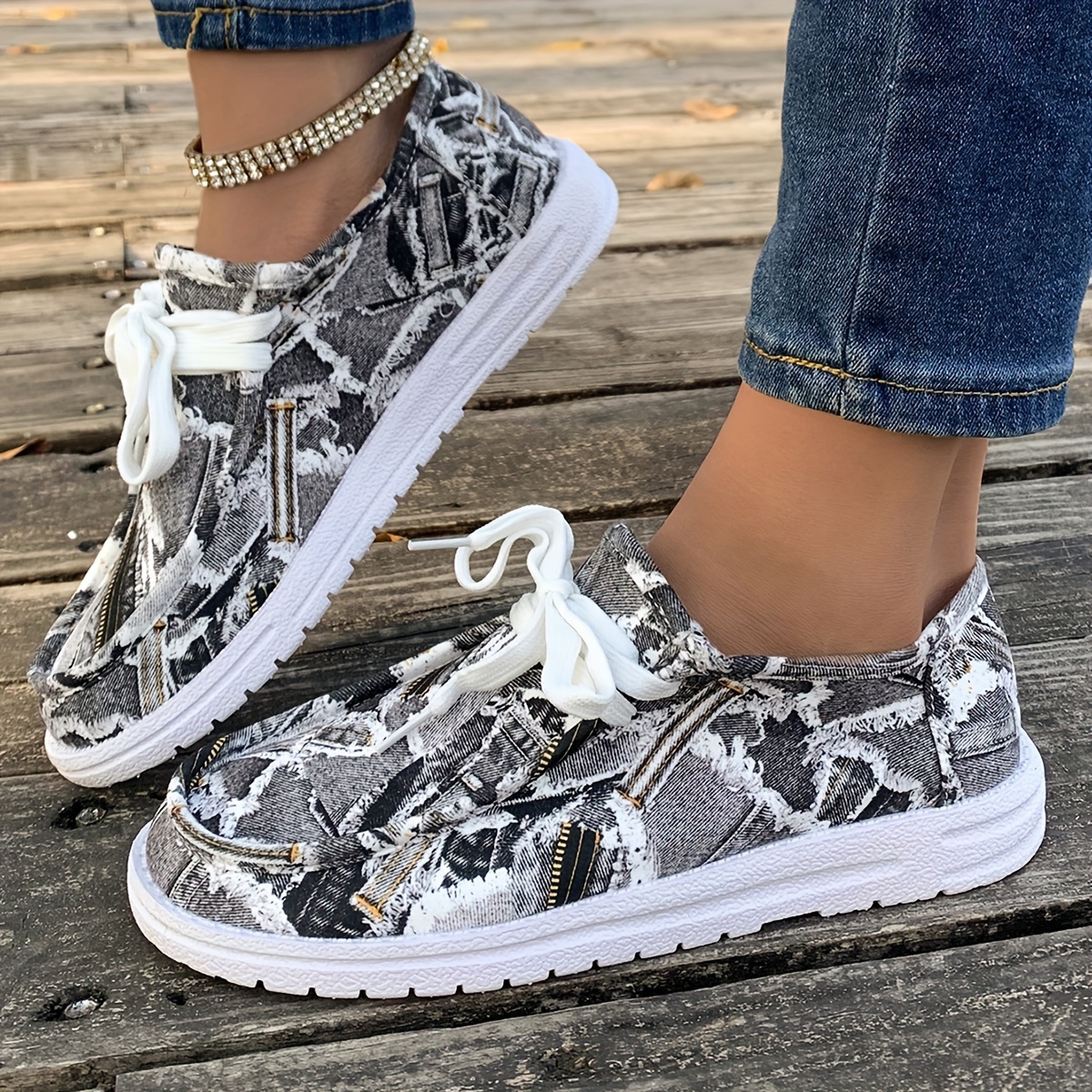 womens denim print flat sneakers lightweight round toe low Temu