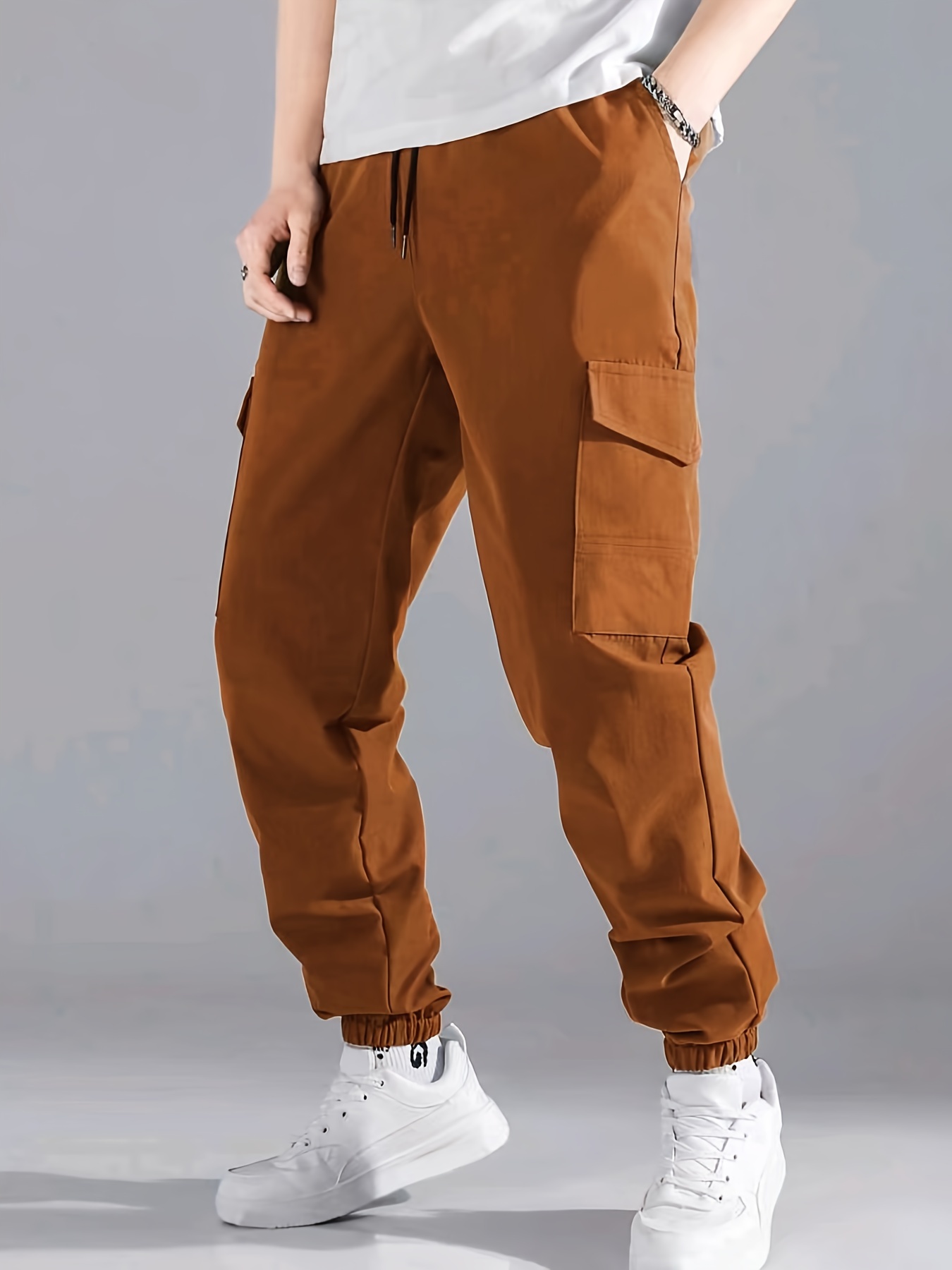 WANYNG pants for men Male Casual Business Solid Slim Pants Zipper Fly  Pocket Cropped Pencil Pant Trousers cargo pants Khaki 2XL 