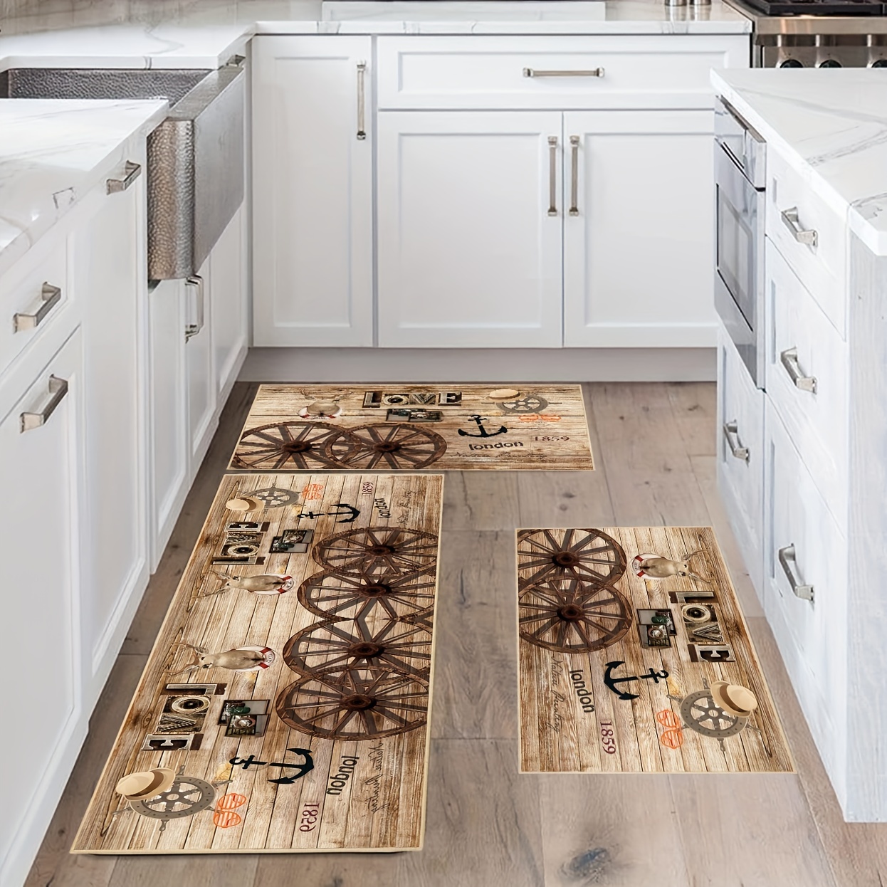 Farmhouse Wood Kitchen Rugs Mats Set of 2 Rustic Texas Star Anti