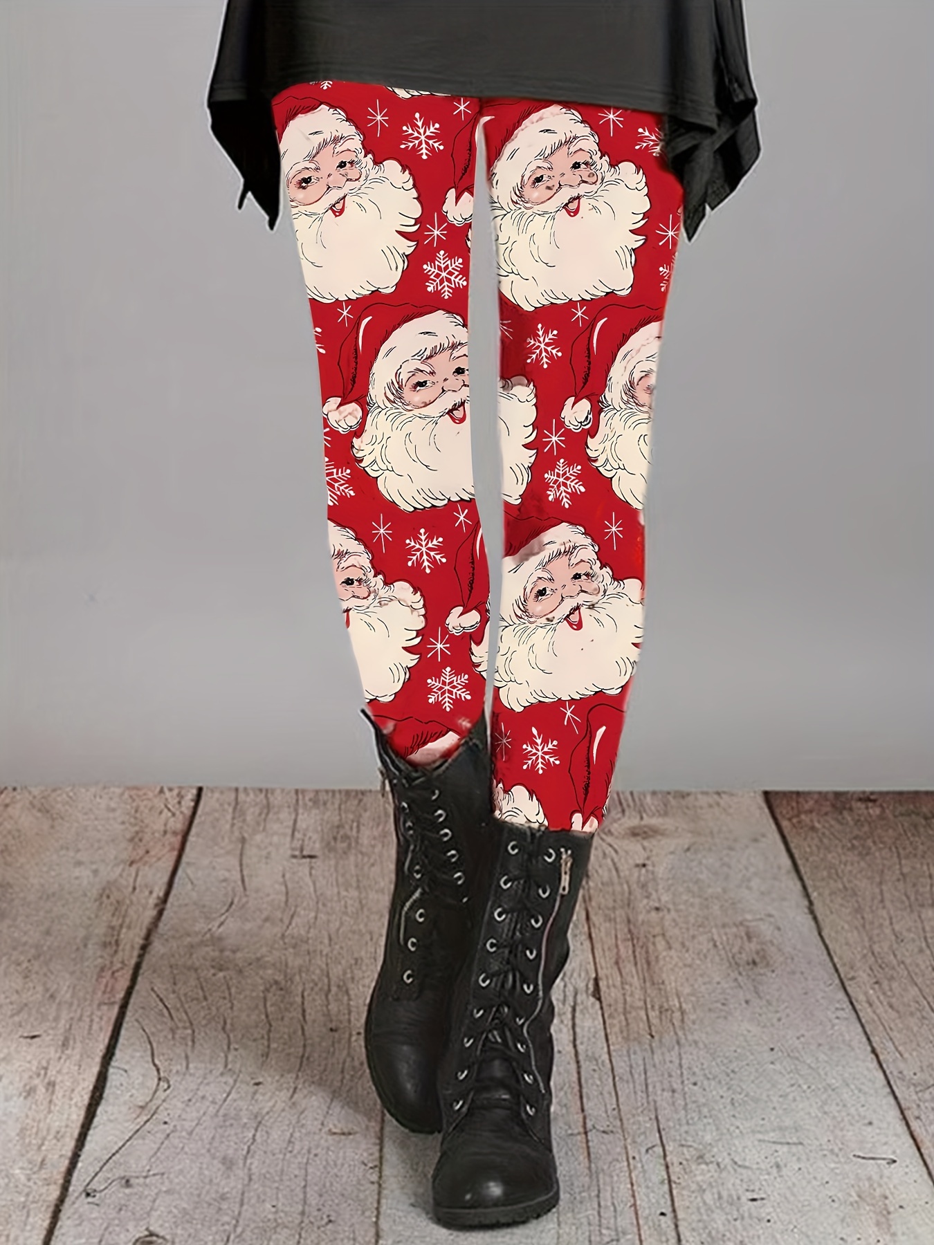 Christmas Santa Claus Print Skinny Leggings Casual Elastic - Temu