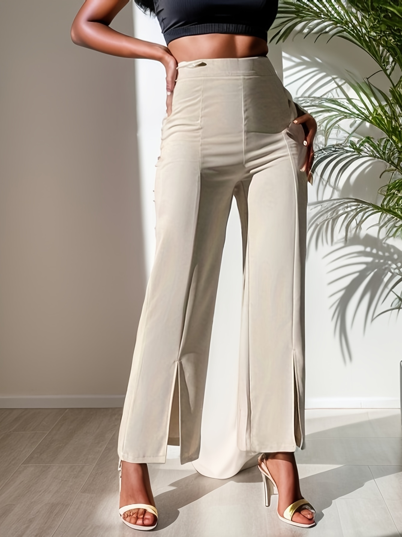Solid Straight Leg Pants, Versatile High Waist Pants For Office & Work,  Women's Clothing