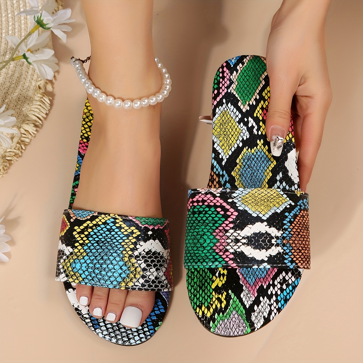 Women's Snakeskin Printed Flat Slides, Stylish Open Toe Slip On Shoes,  Comfy Outdoor Slides