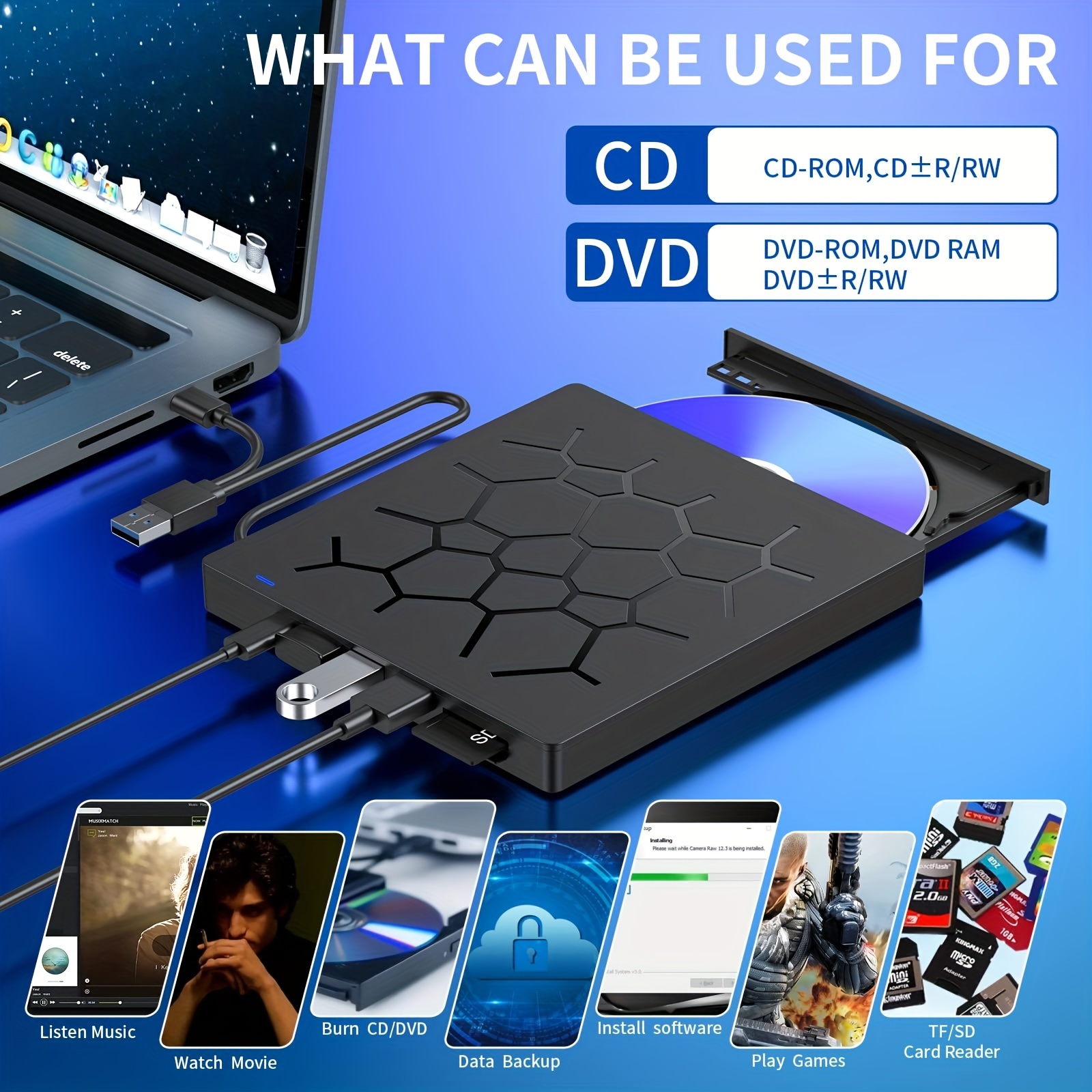 Lecteur CD/DVD externe pour ordinateur portable, 7 en 1 USB 3.0 lecteur DVD  portable ultra