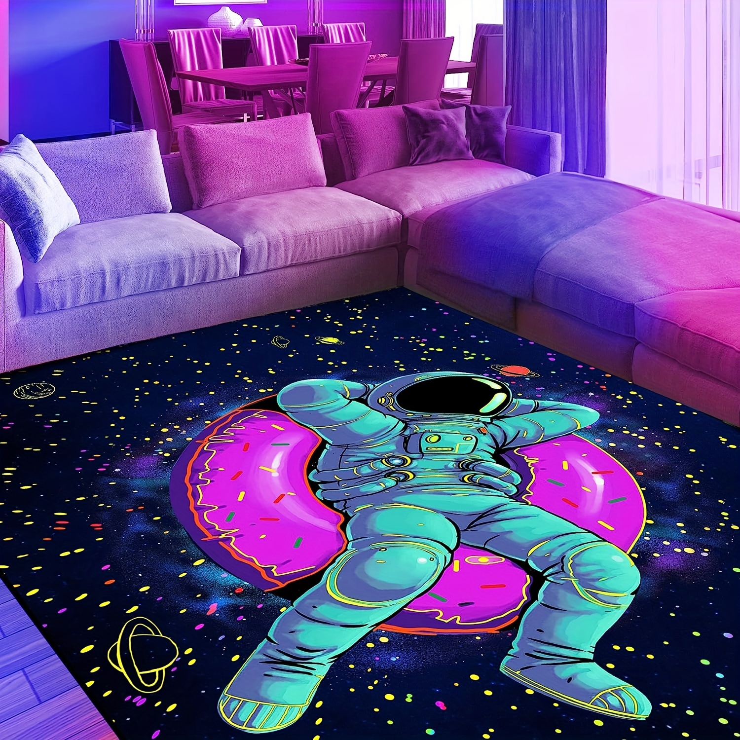Astronaut Starry Sky & Donut Print Flannel Floor Mat