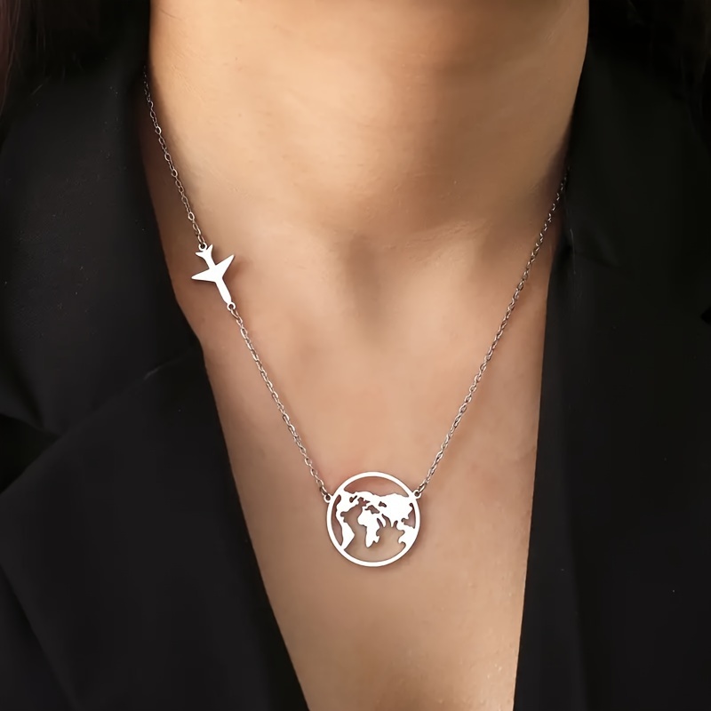 

1pc Airplane World Map Pendant Necklace Stainless Steel Long Chain Neck Jewelry Travel Souvenir Gift Accessories