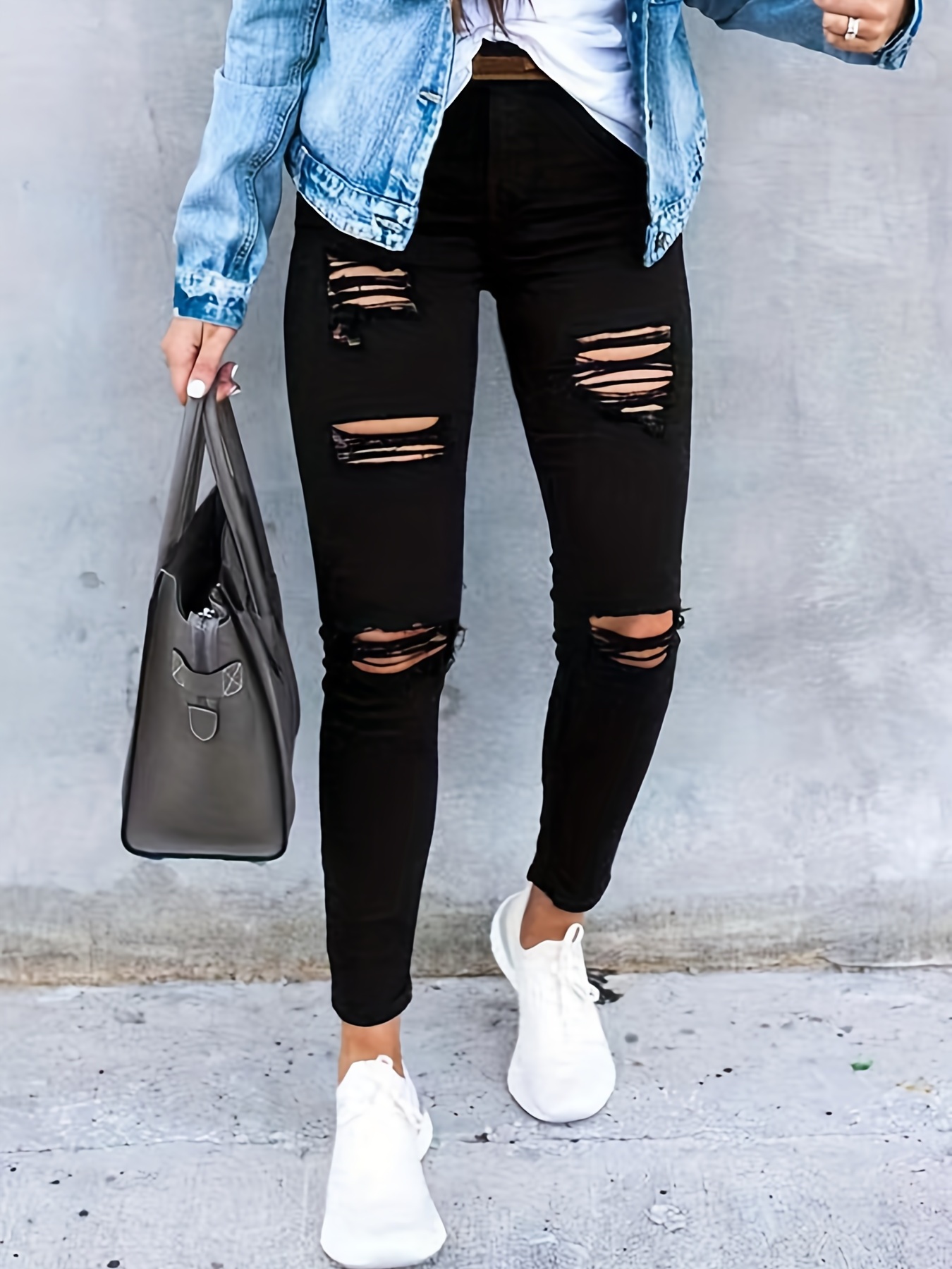 Stretch Jeans for Women Womens Casual Black Ripped Irregular Waist Straight  Pockets Cute Jeans for Teen Girls