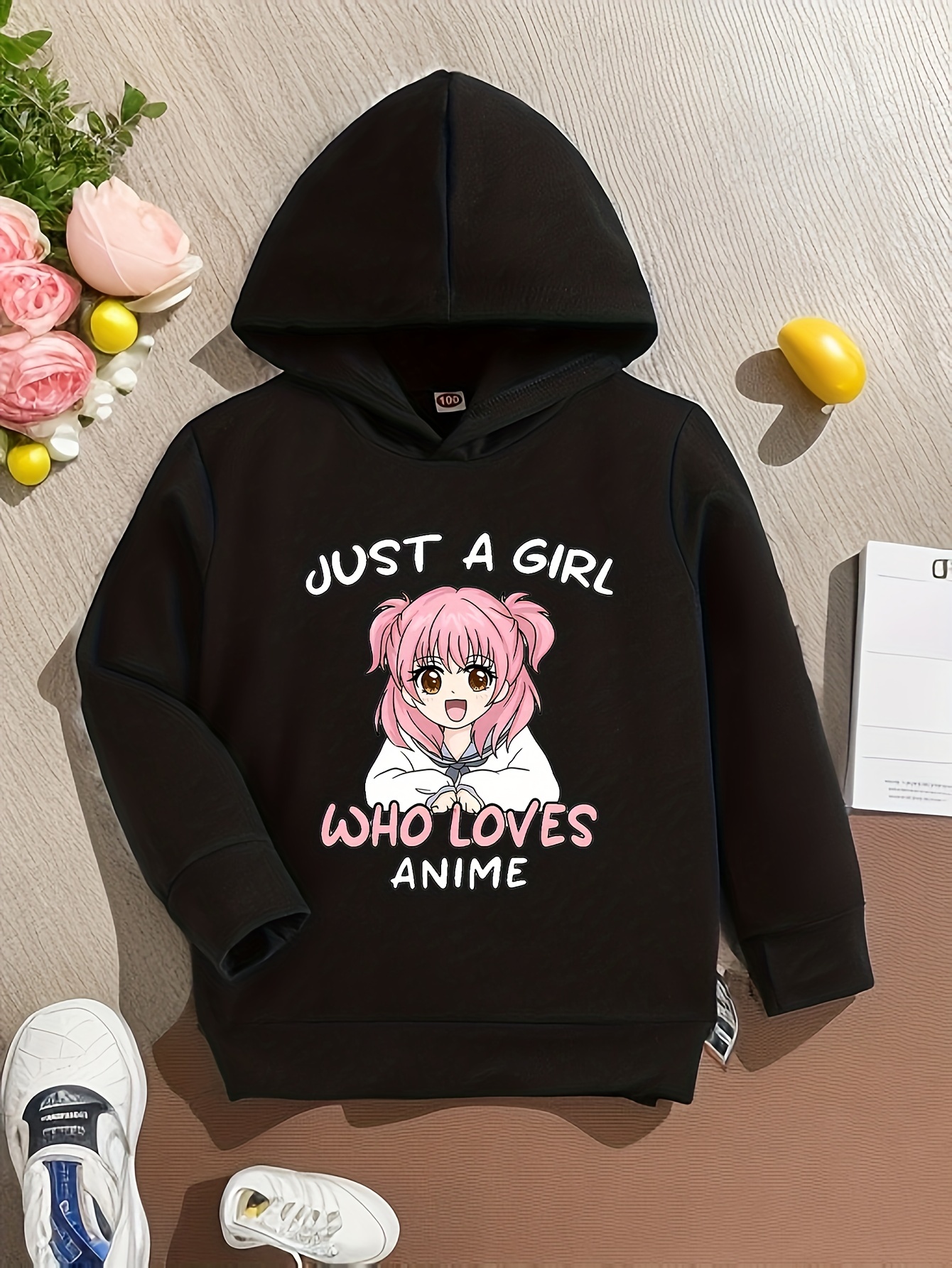 Anime Girl Graphic Print Hoodie for Girls, Girl's Casual Graphic Design Pullover Hooded Sweatshirt with Kangaroo Pocket Streetwear for Winter Fall