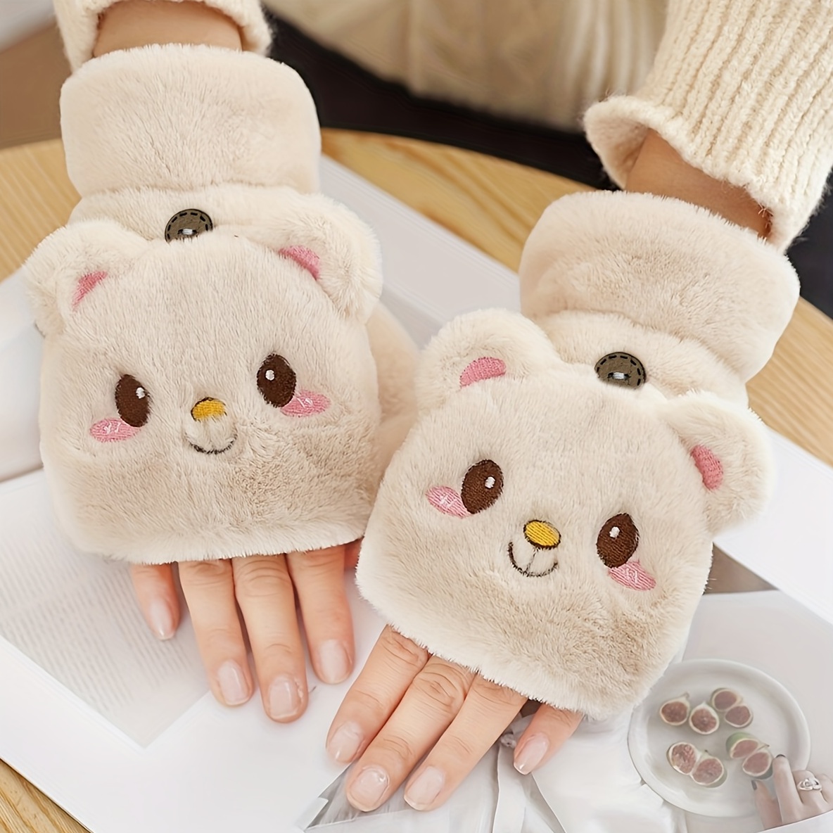Winter Cartoon Cat Paws Gloves With Rope Thermal Plush Gloves Cute Girl ...