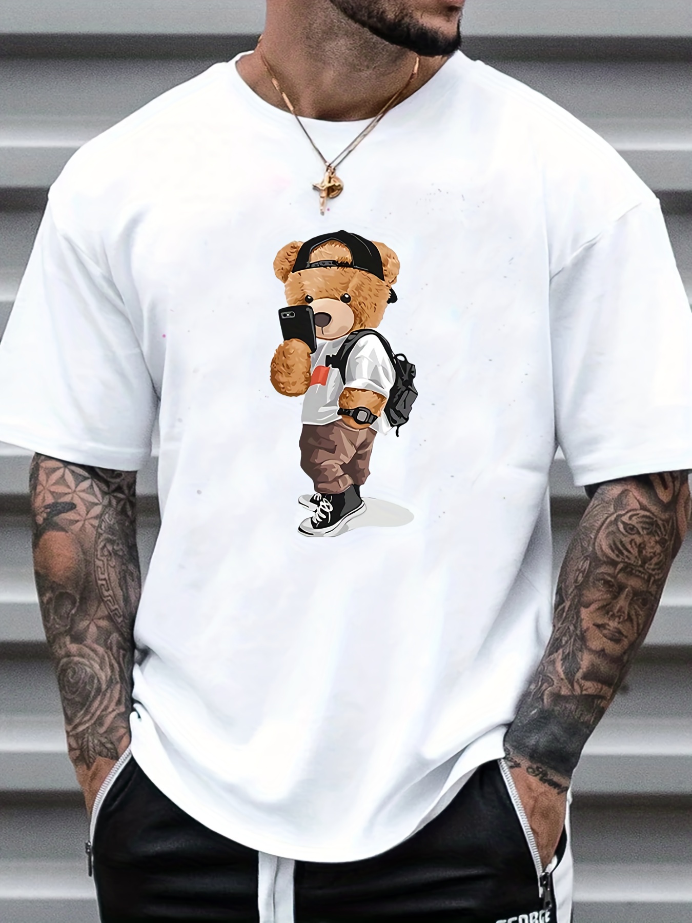 Men's PARIS Cartoon Bear Pattern Short Sleeves Crew Neck T-shirt In WHITE