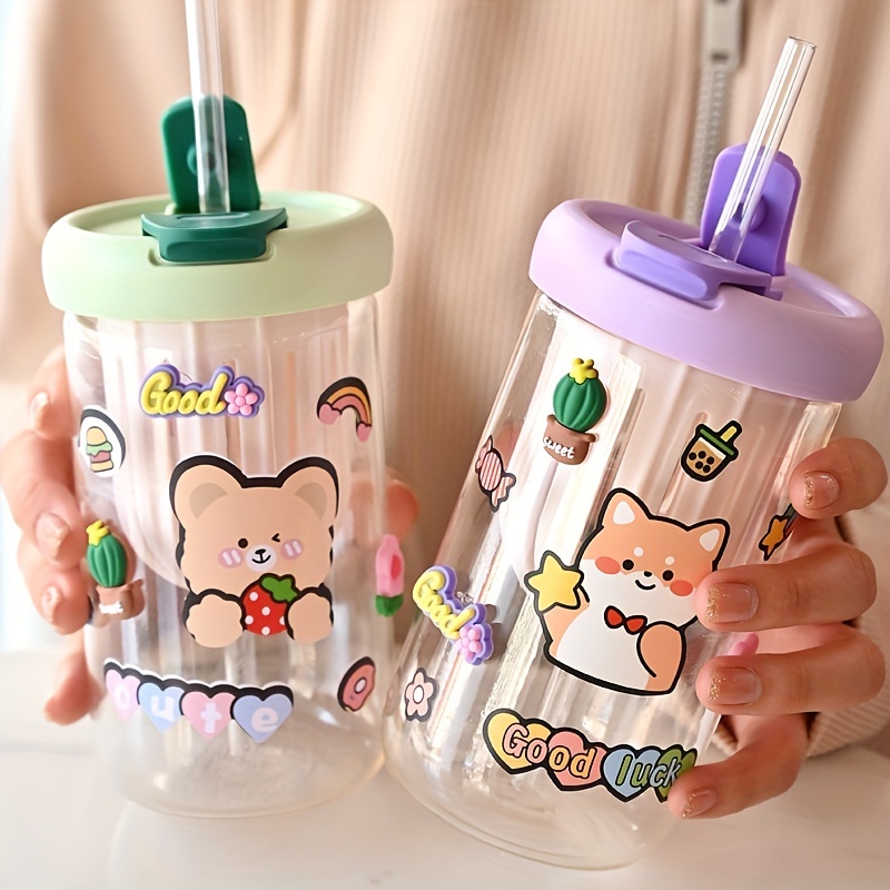 Cute Bottle Drinking Cup with Straws & Lid, Clear Drinking Bottle