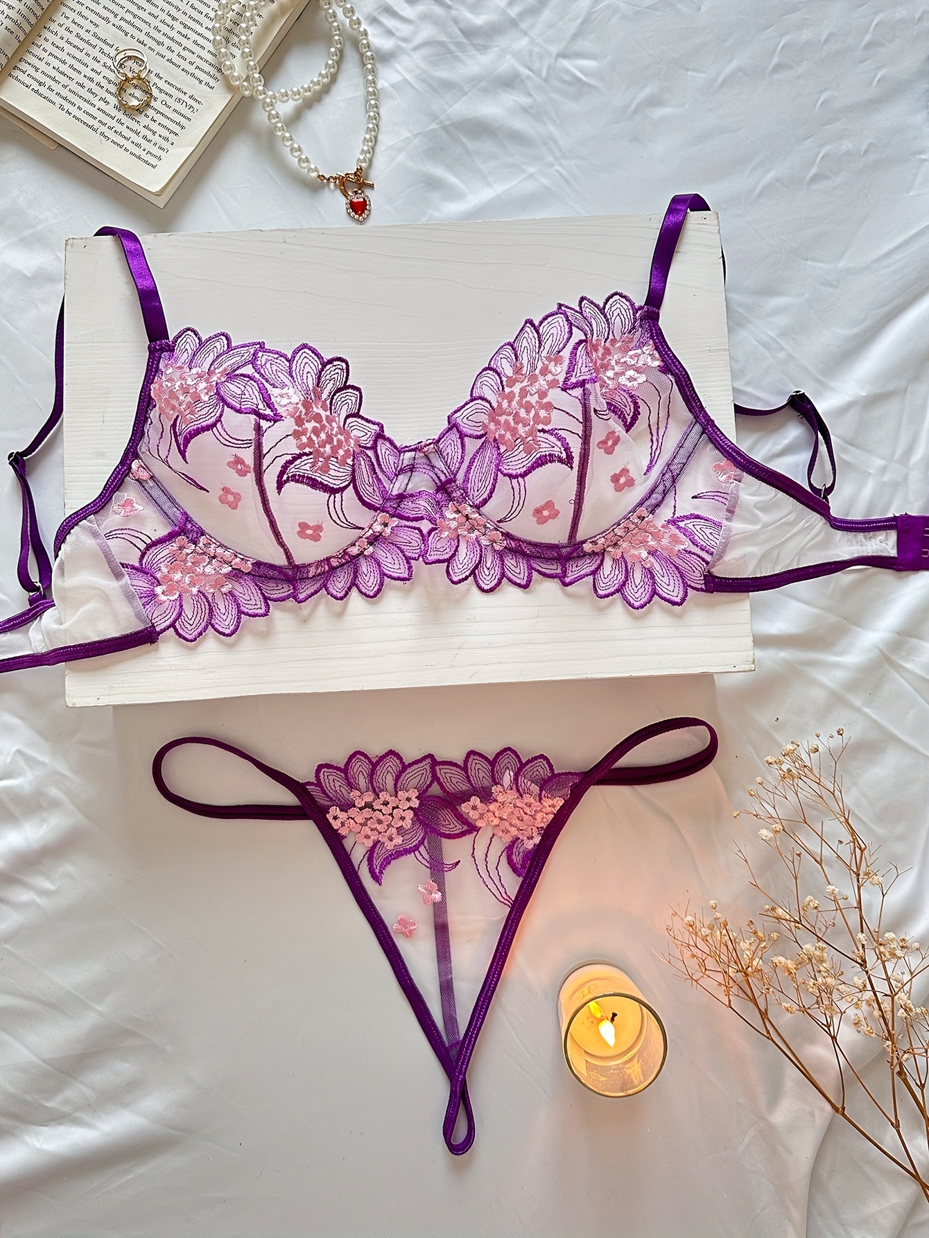Floral Lace Lingerie Set Sheer Unlined Bra Mesh Thong - Temu