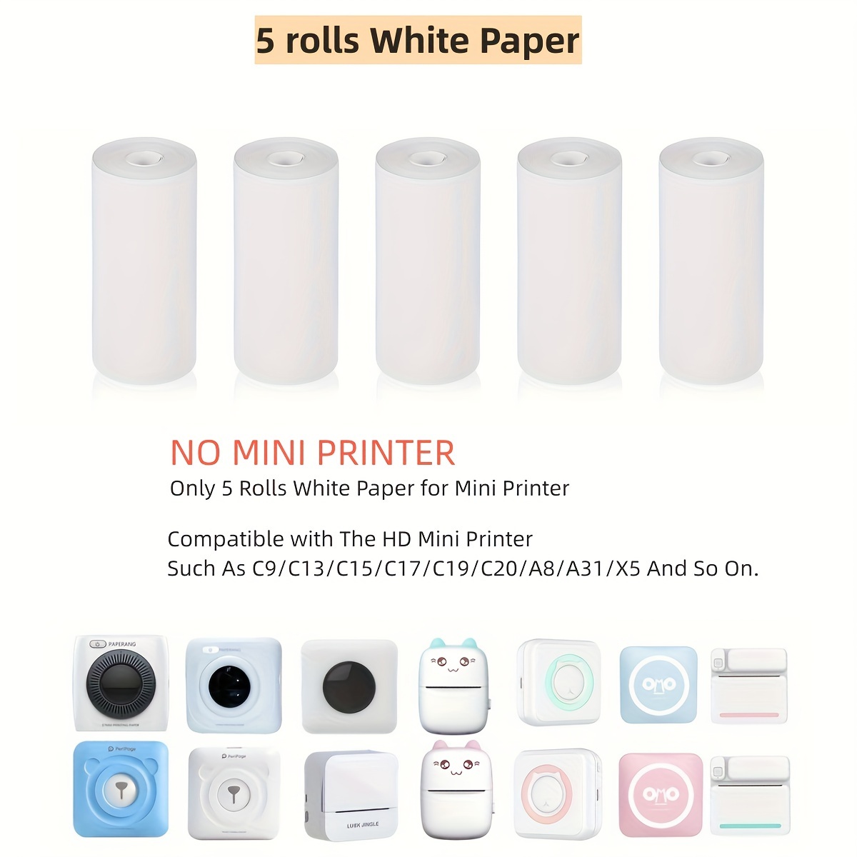 Mini Printer Paper 57mm Width Color White Continuous Paper Self-Adhesive  Transparent Sticker Rolls for Portable HD Photo Printer