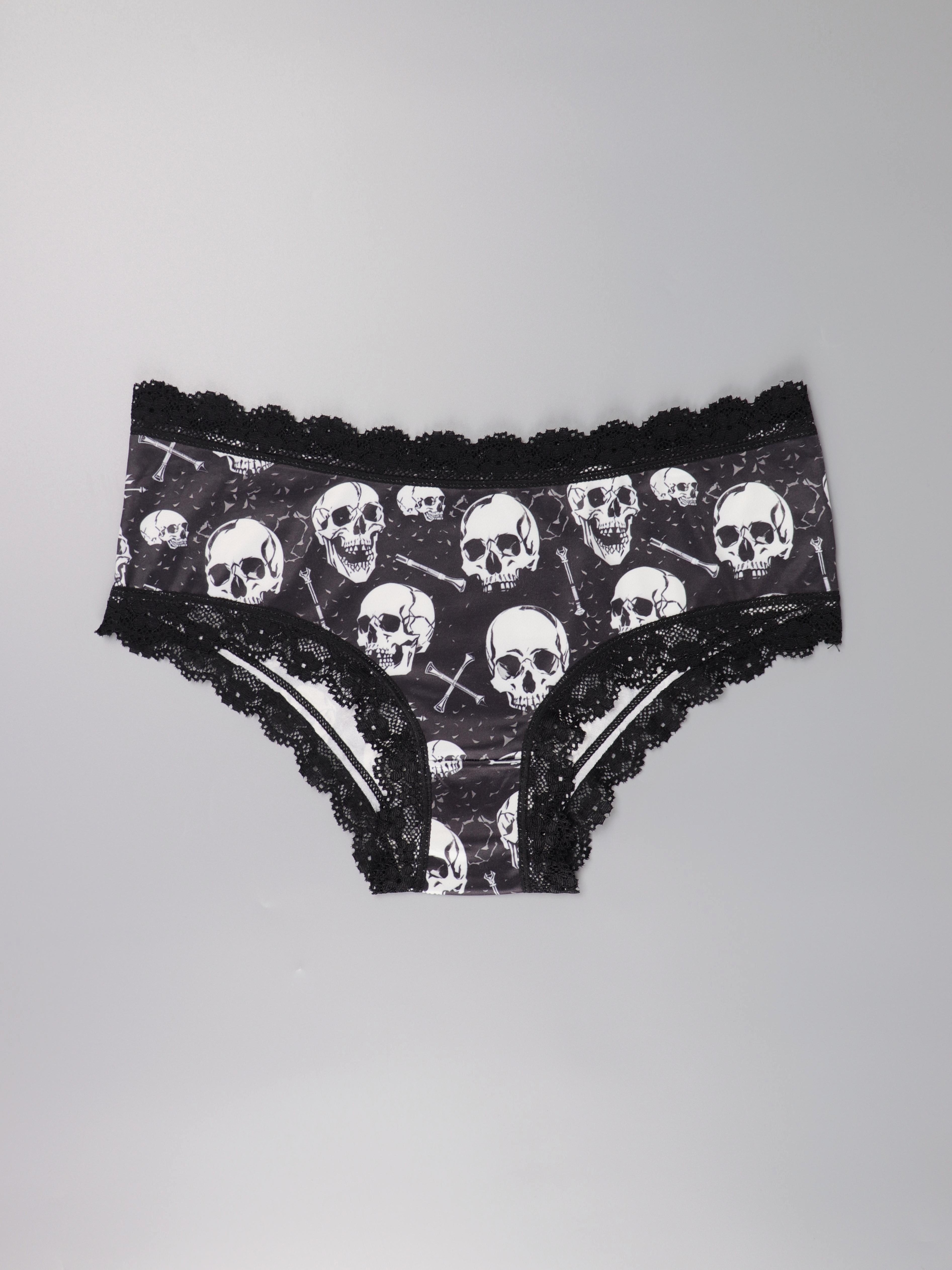 3pcs Lace Trim Panties, Gothic Skull & Floral Print Intimates Panties,  Women's Lingerie & Underwear