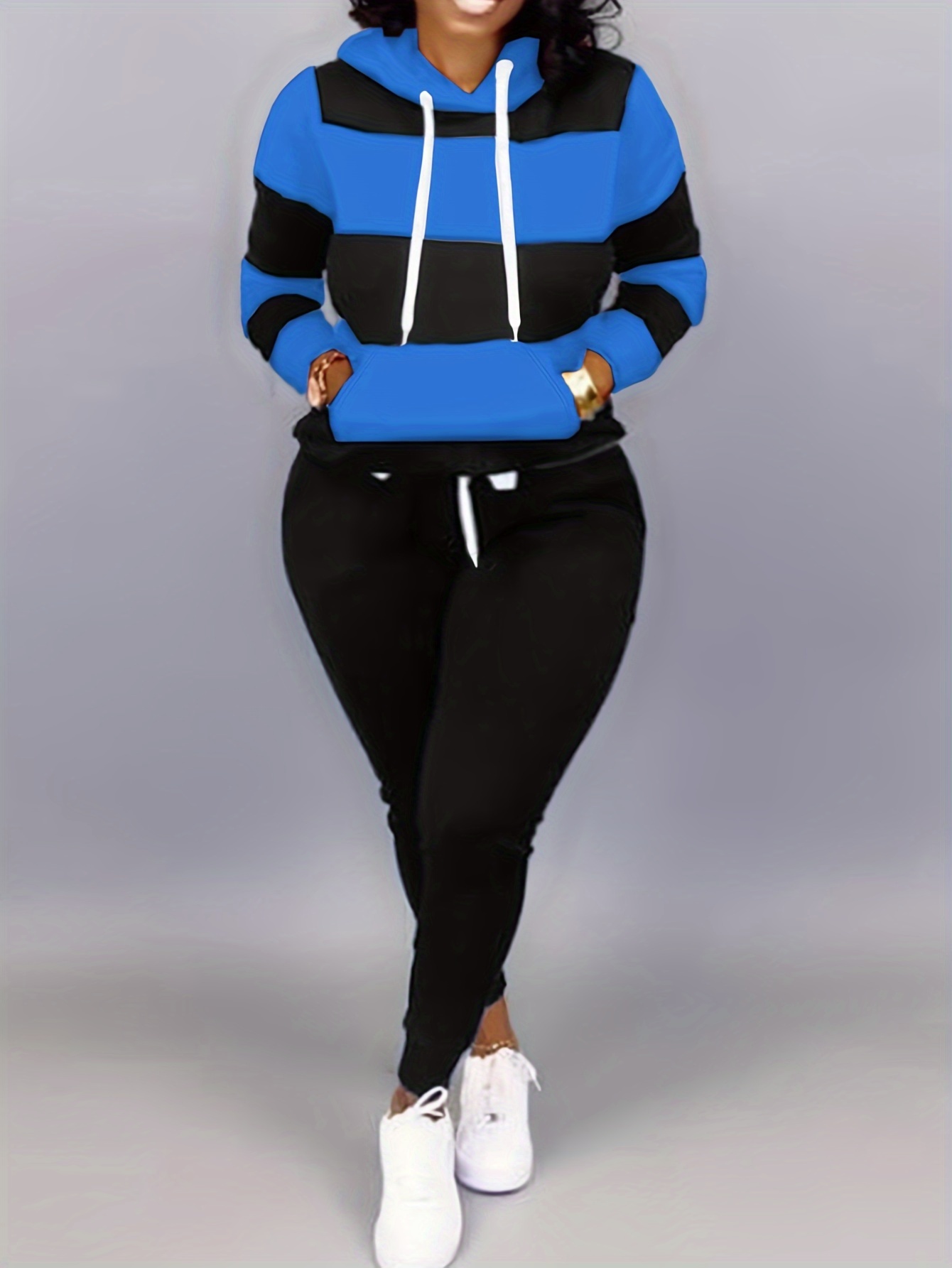 Women Plus Size Casual Colorblock Drawstring Hoodie Sweatshirt