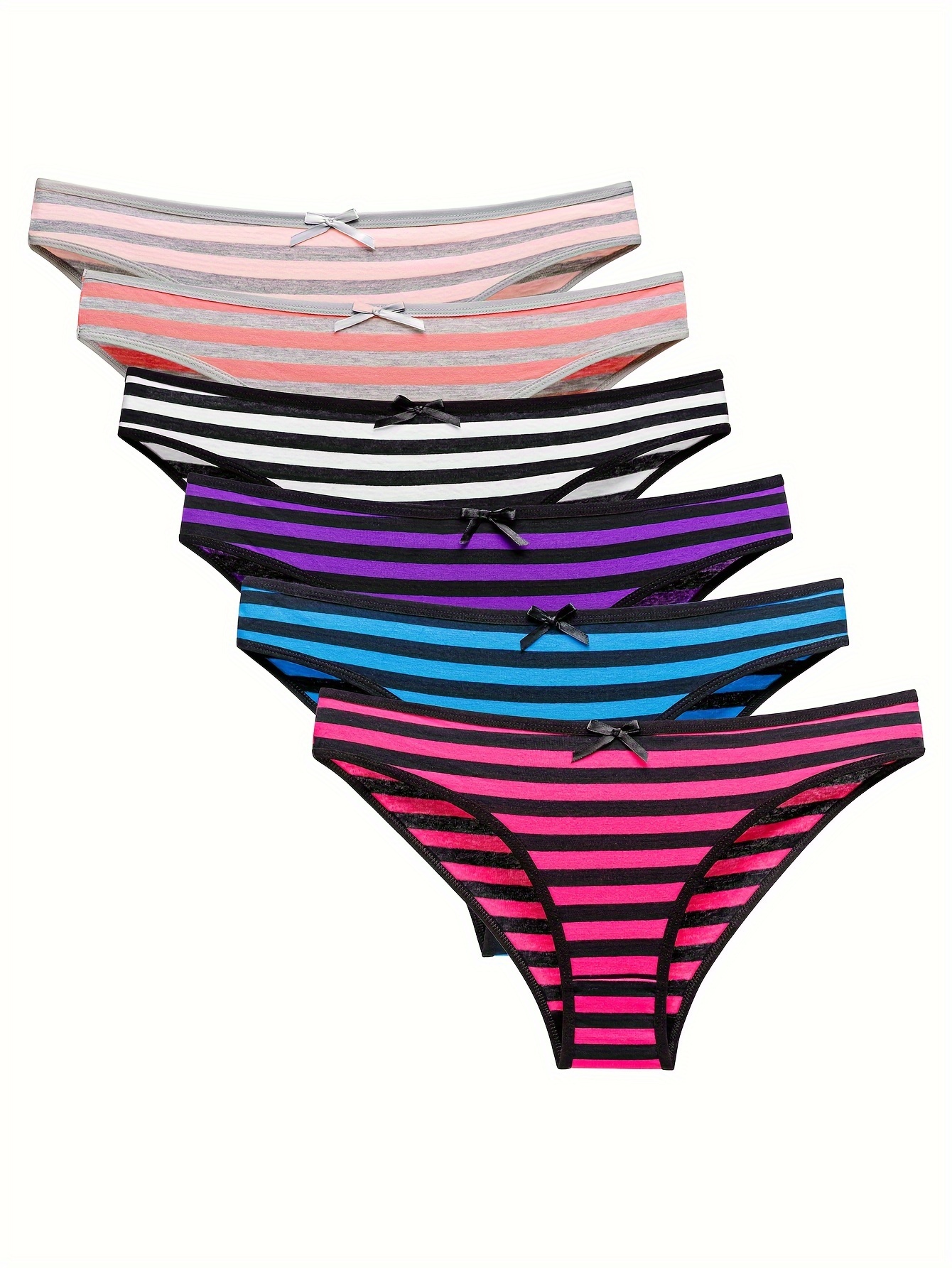6 Pack Plus Size Elegant Panties Set, Women's Plus Strip Print Knot Front  Medium Stretch Underwear Six Piece Set