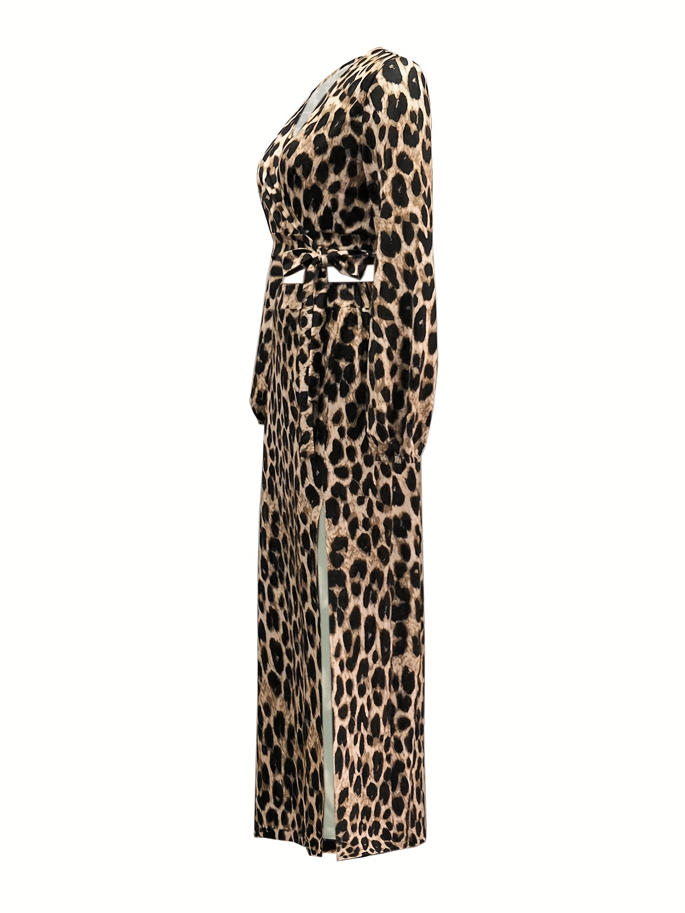 leopard print matching two piece set long sleeve knot crop top split thigh maxi skirt outfits womens clothing details 3