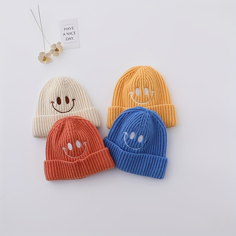 Chapeau En Tricot Brodé Avec Visage Souriant Bonnet Chaud À - Temu