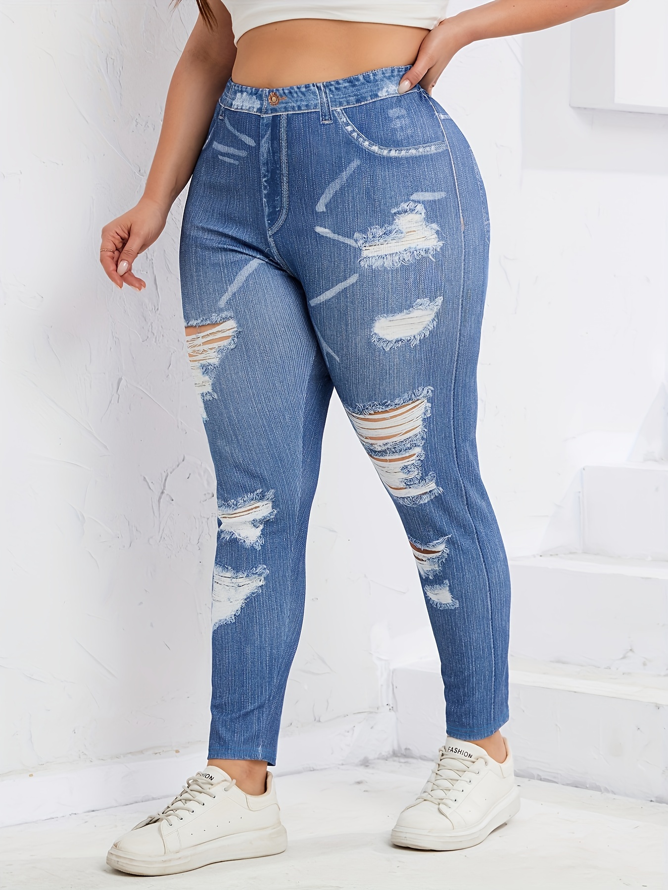 Niuer Women Cross 3D Printed Jeans Ladies Stretch Leggings Slim Leg Running  With Pockets Casual Denim Trousers 