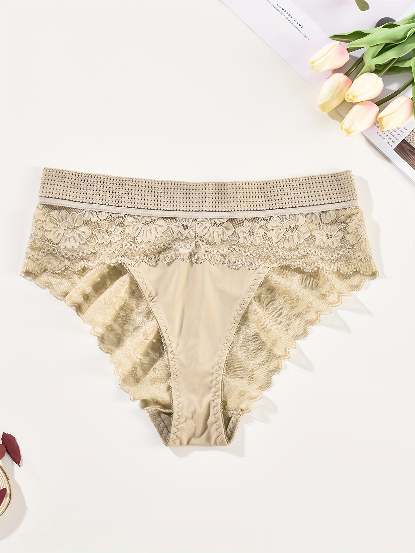 Plus Size Elegant Panty, Women's Plus Solid Contrast Lace Striped Wide Band  Comfortable Stretchy Brief