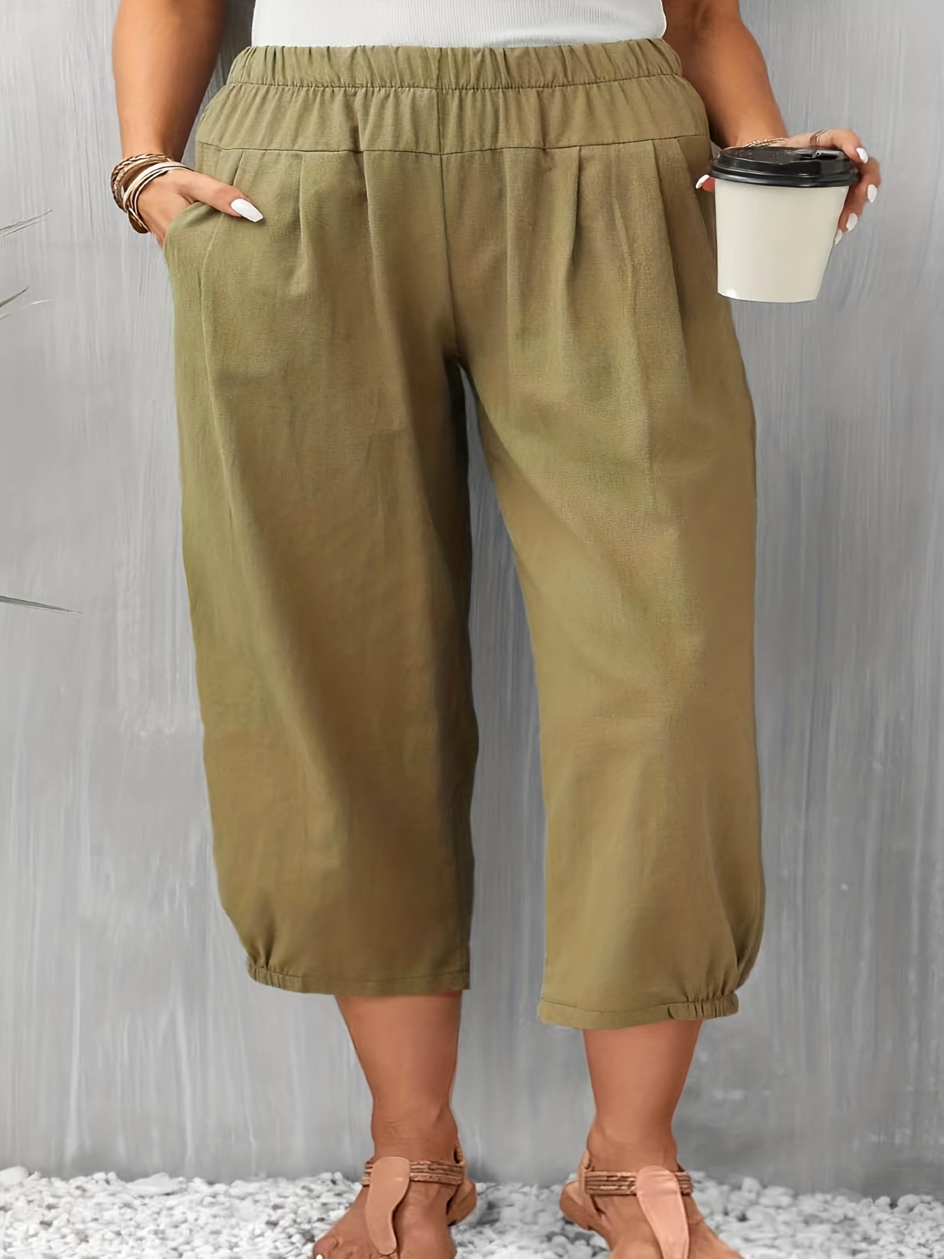 QWENTMTNTY Plus Size Capris Pants for Women Cotton Linen Wide  Leg Casual Summer Comfy High Waisted Loose Crop Pants Pockets : Sports &  Outdoors