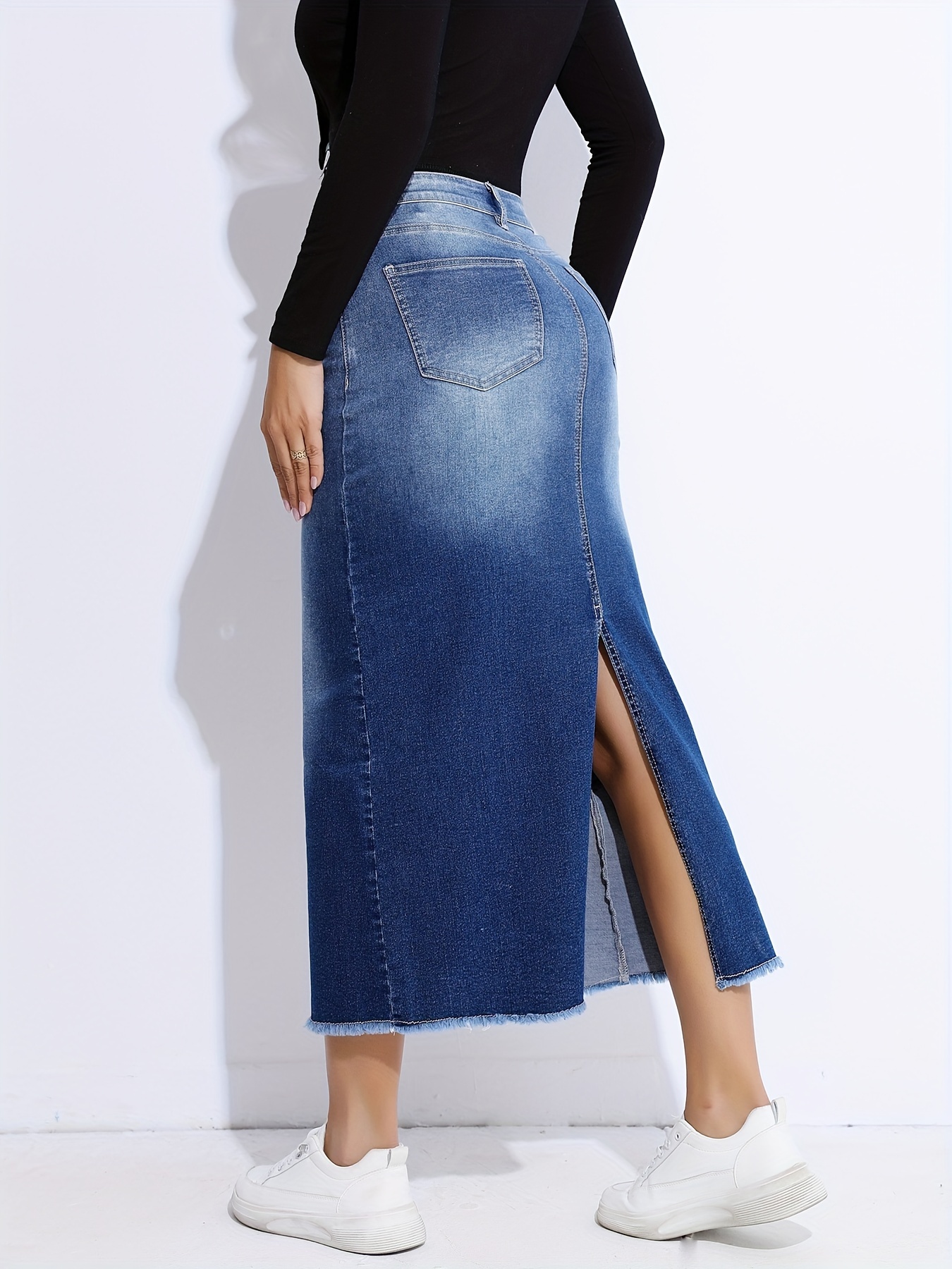 Синяя джинсовая юбка с необработанным краем, эластичная джинсовая юбка-миди с косыми карманами и разрезом сзади, женская джинсовая одежда
