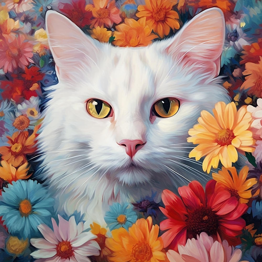 Without Frame Diy 5d Diamond Painting Set Flower Cat Diamond - Temu